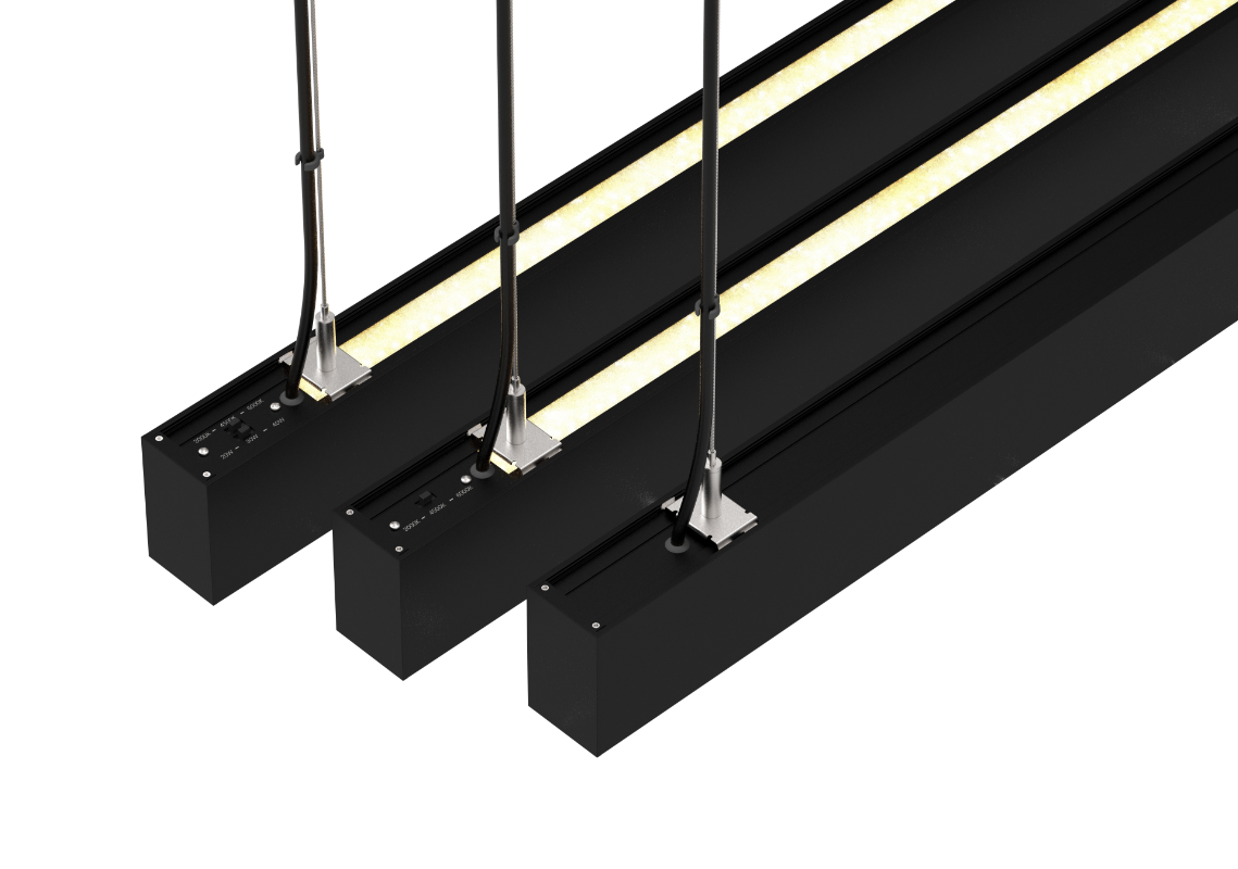 LS4575 Linear Light Fixture 0-10V Controlled Dimming 3000K 4000K 6000K Color Changing, Black Ceiling Shop Light, Suspended Office Lighting Fixture